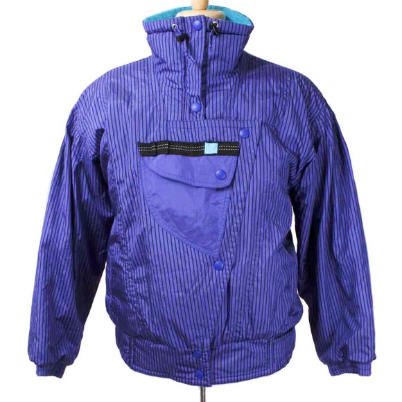 Vintage Jackets & Blazers - Vintage PROFILE Purple/Blue & Black Striped Retro Puffer Ski Snow Jacket